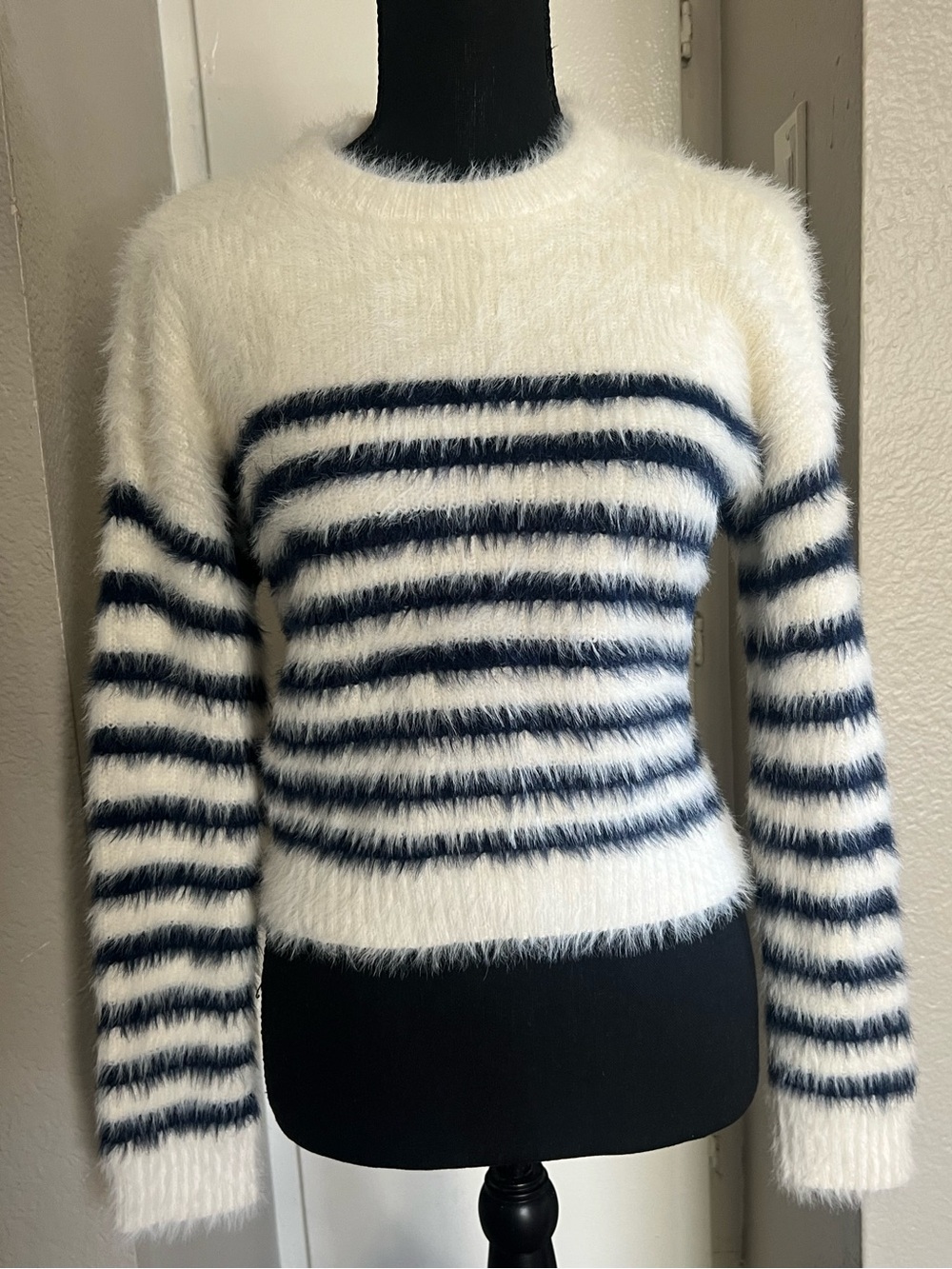 La Ligne x Target; White & Navy Fuzzy Striped Crewneck Sweater